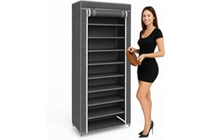 BAKAJI Scarpiera Armadio Salvaspazio 10 Ripiani 60x30x150cm Fino a 36 Paia di Scarpe Struttura Acciaio e Rivestimento in Tessuto TNT Impermeabile con Chiusura Zip Antipolvere (Grigio)