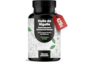 BLOOM NATURALS BEAUTY SUPPLEMENTS Huile de Nigelle Gelules – Capsules d’Huile de Cumin Noir – 420 Gélules Softgel 1 000 mg avec Vitamine E – Fabriqué en Allemagne