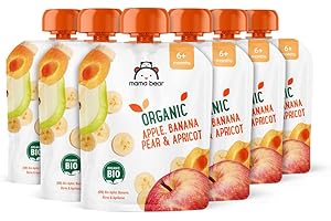 Amazon Brand - Mama Bear Fruit Pouch, Organic Apple, Banana Pear and Apricot Puree, vegetarian, 90 g (Pack of 6)