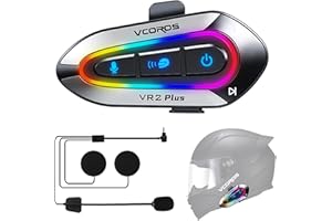 VCOROS Intercomunicador Casco Moto Bluetooth VR2 Plus, Bluetooth 6.0 ,Modo de Color RGB,Auriculares Casco Moto para 2 Motociclistas 500m,IP56 Impermeable,para Asistente de Voz Manos Libres (1Pack Hard Mic)