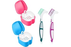 Ptwola 2 Pack Denture Brush Denture Bath Case Cup Retainer Cleaner Holder Box False Teeth Soaking Container Dental Bath Storage Box Case with Strainer Basket for Travel, Camping, Office (Blue+Pink)