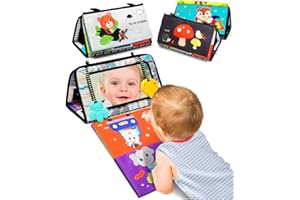 DOLI YEARNING Tummy Time Baby Mirror Infant Toys Newborn Toys 0 3 Months Brain Development with Crinkle Cloth Book and Teether Black and White High Contrast Baby Toys 4 6 9 12 Month Boys Girls Crawling Sensory Toy