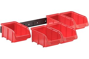 hünersdorff Sichtboxen-Set: 1x Kunststoffschiene plus 5 x Lagerboxen der Größe 1, Wandhalter inkl. Aufbewahrungsboxen für Regalsystem, Rot