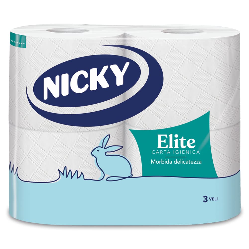 Nicky Elite - 4 Rotoli di Carta Igienica, 170 Soffici Fogli a 3 Veli, Morbida e Resistente a Contatto con la Pelle, Dermatologicamente Testata, Carta 100% Certificata FSC