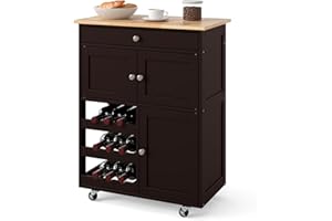 KOMFOTTEU Deser na kółkach z drewnianym blatem z drewna kauczukowego, szafka do przechowywania kuchni z szufladą, 2 szafki, 3-poziomowy uchwyt na butelki, wózek kuchenny, 67 x 37 x 86 cm (brązowy)