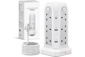 Wolf Power Tower Extension Lead with USB Slots, 18-IN-1 Surge Protected Lead with 2M Extension Cable, 12 UK Plug Sockets, 2 USB-C & 4 USB-A Ports, 4 Switches, Ideal for Home, Office & Workshop