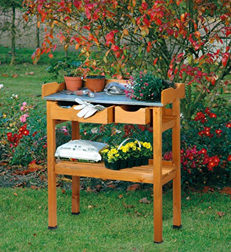 dobar 29030e Praktischer Pflanztisch mit 3 Schubladen und 2 Ablageflächen aus imprägniertem Kiefernholz, 80 x 40 x 90 cm - 4
