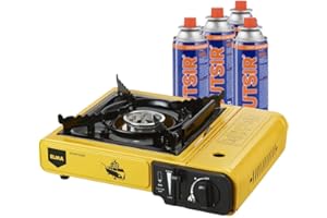 ELMA Camping Gas Portátil, Hornillo Dual Inicio Exterior | Maletín y 4 Cartuchos Incluidos, Regulador de Llama Variable, 2,3 Kw, Amarillo