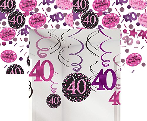FesteFeiern® 12x Deckenhänger Swirl und Tischkonfetti 40. Geburtstag in pink schwarz violett 40. Happy Birthday
