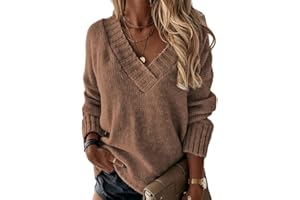 Minetom Femme Pull en Tricot Col en V Pullover Couleur Unie Léger Casual Manches Longues Pull Tricoté Chaud Hauts Chandail Automne Hiver