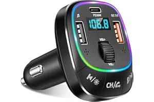 Glangeh Trasmettitore FM Bluetooth per Auto, PD 30W + QC 3.0 Adattatore Bluetooth Auto a Ricarica Rapida, Bassi Profondi Bluetooth Auto Accendisigari con Chiamata Vivavoce, Doppio Mic, Disco USB, LED