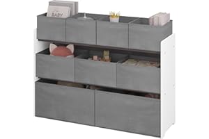 Lestarain Kids Storage Unit with 9 Toy Boxes, Nursery Toy Organiser for Playroom Bedroom Kindergarten, White+Grey, MDF+Fabric, 92x30x60/68cm