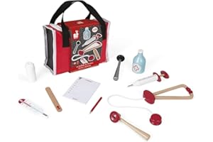 Janod - Malette de Docteur Enfant - 10 Accessoires en Bois Massif Inclus - Jouet d'Imitation - Dès 3 Ans, J06513, Rouge