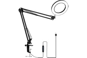 FACHMACH Lampada da Tavolo con Lente D'ingrandimento 5X Lente di Ingrandimento Estetista Lavoro LED Dimmerabile Regolazione 3 Colori di Illuminazione 10 Livellli con Morsetto Braccio Girevole a 360°