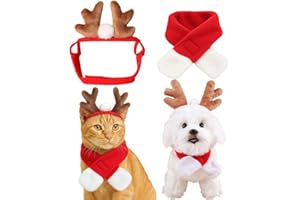 TEOZBLU 2 Pcs Disfraces De Navidad Para Perros Gatos, Ropa Para Mascotas Navidad, Disfraz Para Gato Navidad, Diadema Navideña Con Cuernos De Reno, Bufanda Roja, Para Gatos y Perros Pequeños