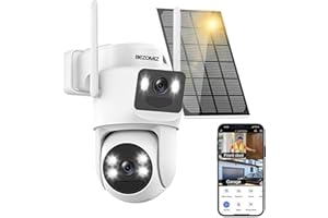 BEZOMIZ 4K Caméra Surveillance WiFi Extérieure à Double Objectif,355°PTZ Caméra 2-In-1,Détection Humaine avec Panneau Solaire,Suivi Automatique,Vision Nocturne Couleur,Étanche,Audio Bidirectionnel,8MP