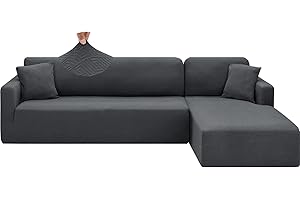 CHELZEN Housse de Canapé Elastique Peninsula en Forme de L, 2 Pièces Housses de Canapé d'angle, Housse de Canapé pour Chaise Longue avec Deux Taies d'oreiller (2 Place+3 Place, Gris Foncé)