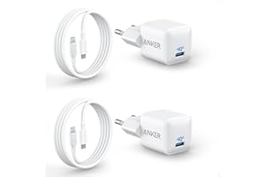 ‎ANKER Ładowarka usb C 20 W, Anker 511 Charger (Nano), PIQ 3.0 Compact Fast Chargers + 2 kable 180 cm USB C na USB C, ładowarka do iPada iPhone 16/15 Series/iPad Pro (podwójny zestaw, 2 x zasilacz i 2 kable)