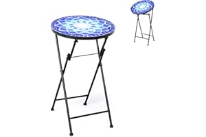 CASART Round Side Table, Folding Mosaic Accent Table Outdoor Dining Tables, Iron Frame Bistro Table Ceramic Tile Coffee Table for Garden Backyard Patio Poolside (Blue Flower)