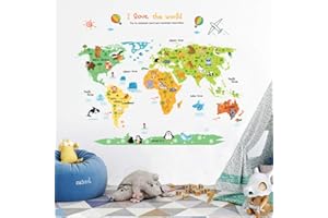 ufengke Mappa del Mondo dei Cartoni Animati Simpatico Animale Adesivi Murali, Camera dei Bambini Vivai Adesivi da Parete Removibili/Stickers Murali/Decorazione Murale