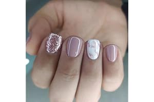 AGASAR 24pcs Short False Nails Glitter Pink Stick on Nails White Marble Press on Nails Removable Glue-on Nails Fake Nails Acrylic Full Cover Nails Women Girls Nail Art Accessories