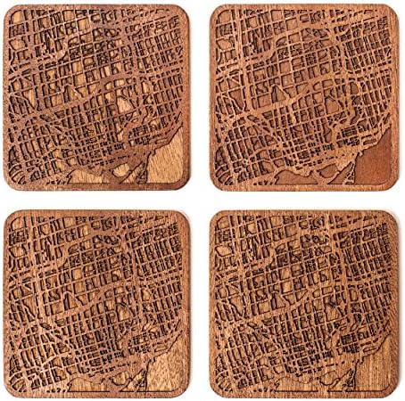 Toronto Map Coaster, Set of 4, Sapele Wooden Coaster with City Map, Handmade