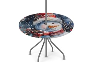 KNEMI Round Garden Table Cloth With Parasol Hole, Christmas Snowman Outdoor Circular Fitted Tablecloth With Umbrella Hole Waterproof Elastic Edged Table Cover For Party Picnic, Fit For 36"-44" Round Tables