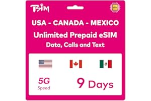 TSIM eSIM Prepagata USA per 9 Giorni | Dati Illimitati 4G/5G negli USA + Dati a Bassa Velocità in Canada/Messico | Chiamate Locali Illimitate | Chiamate e SMS Gratuiti in Arrivo