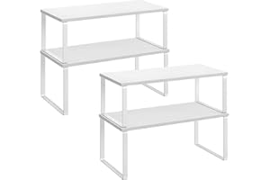 SONGMICS Organizzatori da Cucina, Set di 4 Scaffali da Banco, Portaoggetti per Armadietto, Impilabile, Espandibile, Metallo e Legno Ingegnerizzato, Bianco Nuvola e Bianco Neve KCS028W01