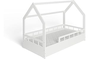 MS FACTORY Cama Infantil de Pino con un Colchón - Cama Montessori Forma de Casa 80x160 cm para Niño y Niña - Lamas Somier - Medias Barreras Bianco
