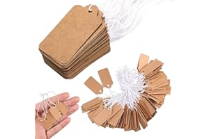 LACHT 200 Pezzi Etichette Carta Kraft,Bigliettini Bomboniere Cartellino Craft Cartellini Prezzi con Corda Elastica per Etichette Regalo Esposizione di Gioielli per Abbigliamento Natalizio(26 x 13mm)