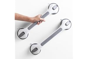 LEVERLOC Agarraderas Baño para Mayores 2 Pack, 43 CM Asidero Ducha de Succión, MAX Hold 110 KG Agarrador Ducha Personas Mayores, Agarre de Seguridad, Barra Baño sin Taladrar y Pasamanos, Gris