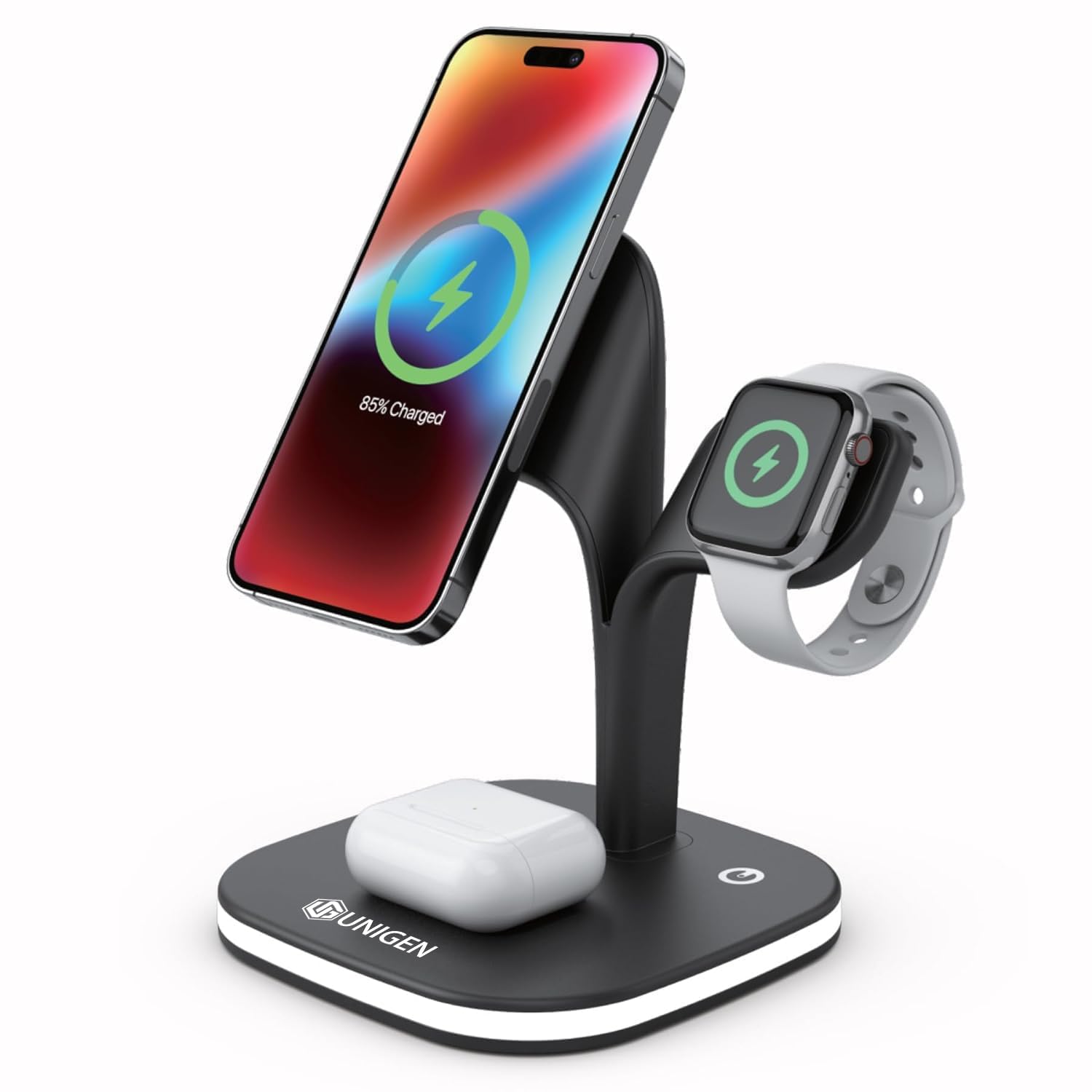 UNIGEN® MAGTEC 500 4in1 23W Foldable Mag-Safe Charger for iPhone 16/16 Plus/16 Pro/16 Pro Max,15/15 Plus/15 Pro/15 Pro Max,14/13/12 Series, AirPods 3rd/2nd, Series 9/8/7/6/5/4/SE LED Lamp-Black