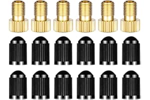 LJFEA Adattatore per Valvola Presta in Ottone (confezione da 6 + 12 tappi) - Convertire Presta in Schrader per biciclette, e-Bike ed e-Scooter - Gonfiare il pneumatico usando una pompa standard