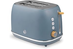 Swan Fjord 2 Slice Toaster with 7 Browning Levels for Toast, Bagels, Breakfast Muffins, Defrost/Reheat/Cancel, Removable Crumb Tray, Non-Slip Feet, 800W, Grey with Wooden Accents, ST19030GRY