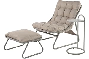 Grand patio Sun Lounger for garden, Garden lounger with Side Table and footstool, Recliner Chair with Removable Cushion for Adults, Reclining Garden chairfor Patio, Living Room, Outdoor, Champagne