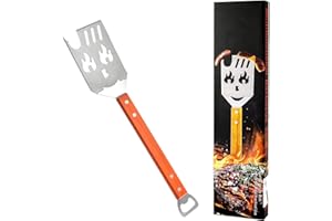 URCHUZE 7-in-1 Grillspachtel für Barbecue Grill mit, BBQ Grillwender mit Flammendesign, 42cm Edelstahl Spatula, Holzgriff, Multifunktionaler Grillspatel mit Flaschenöffner