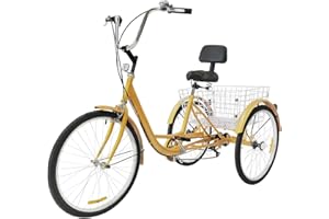 AREAO 24 Zoll Dreirad FüR Erwachsene, 6-Gang-Dreirad FüR Erwachsene, 3-Rad 6-Gang-Fahrrad, Dreirad Mit Einkaufskorb Und Schutzblech, Seniorendreirad, FüR Die Meisten Erwachsenen Geeignet (gelb)