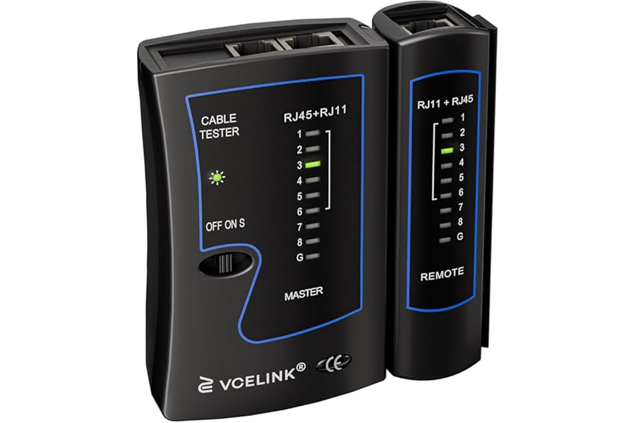 VCELINK Network Cable Tester, RJ45 Ethernet tester PoE for CAT7, CAT6, CAT5 LAN Cable and RJ11 Phone Cable, Black (Battery Not Included)