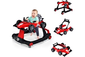 COSTWAY Trotteur Bébé Garçon 4 en 1 avec 3 Hauteur Réglable, Trotteur Marche Bébé Garçon avec Musique & Lumière, Roues Silencieuses, Charge 11kg pour Bébé de 6-18 Mois(Rouge)