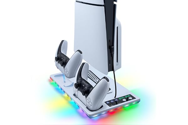 Wigearss Station de Refroidissement pour PS5/PS5 Slim/PS5 Pro avec Ventilateur, Support de Charge et Double Chargeur de Manettes, Lumière RGB et 2 Ports USB, Compatible avec PS5/PS5 Slim/PS5 Pro