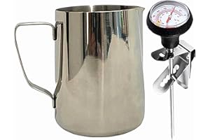 UZER Milk Frothing Pitcher with Thermometer, 21oz Stainless Steel Milk Frother Cup, Coffee Barista Steaming Jug (600ml with Thermometer Pen)