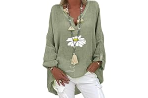 SCBFDI Chemises en Lin De Coton De Couleur Unie pour Femmes à Col en V Hors De L’épaule Hauts à Manches Longues Tunique à Porter avec des Leggings