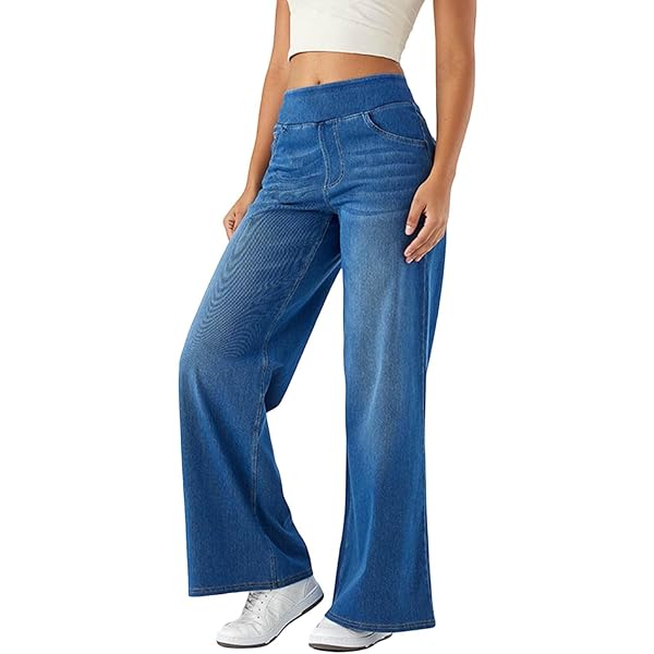 Jeans Donna Gamba Larga Vita Alta - Elastici Per Yoga E Casual - Foto 2