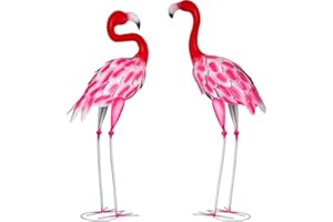 Velibobo Lot de 2 statues d'art flamant rose en métal - Sculptures de jardin pour l'extérieur, maison, terrasse, pelouse, arrière-cour
