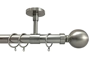 YOUR HOME ONLINE 28mm Diameter Ceiling Fit Extendable Eyelet Metal Curtain Pole Metal Ball Finials Polished Chrome, Antique Brass & Brushed Chrome (2m - 3m extendable, Brushed Chrome)