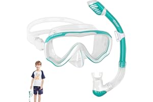 Snorkel Set Kids, Rtdep 180° Wide View Snorkel Mask, Dry Top Snorkel, Tempered Glass Safety Scuba Diving Mask, Snorkelling Gear for Junior and Youth