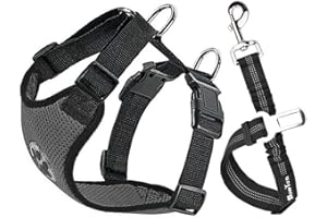 SlowTon Arnés de Coche para Perro con Correa de Conector, multifunción, Ajustable, Doble Tejido de Malla Transpirable, arnés de Chaleco de Viaje con cinturón de Seguridad