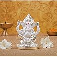 Gold Art India Ceramic 7X4X4 Cm, Silver And White Ganesh Idol For Car Dashboard Small Ganesha Murti Ganpati Idol For Home Decor Puja Lord Ganesh Statue Gift For Office Desk Puja Room Figurine