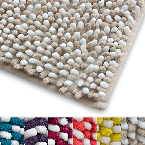 Chenille Badematte Manta | moderner Microfaser Badvorleger in Trendfarben | ÖKO TEX Standard 100 | extra hoch | Komfortgröße 50x80 cm für Badezimmer | Beige - Weiß